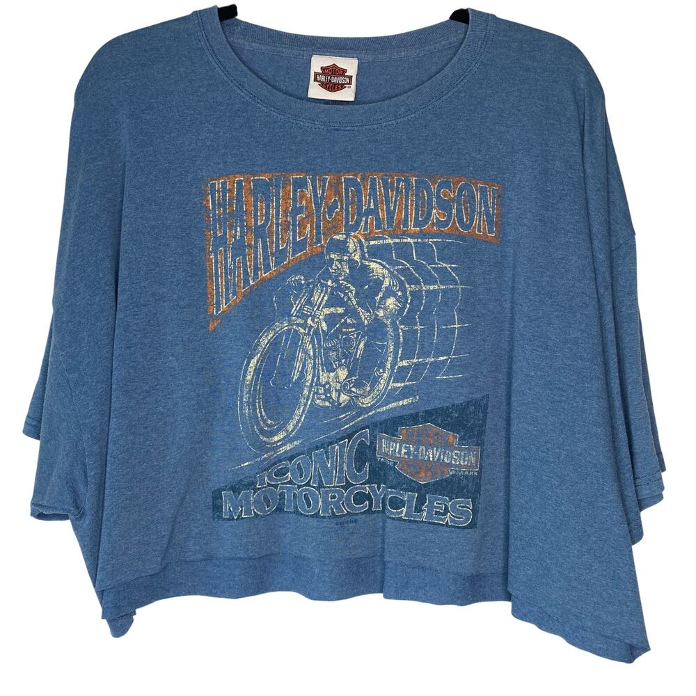 Harley Davidson Blue Graphic Tee Savannah Georgia Crop Top Size 2XL